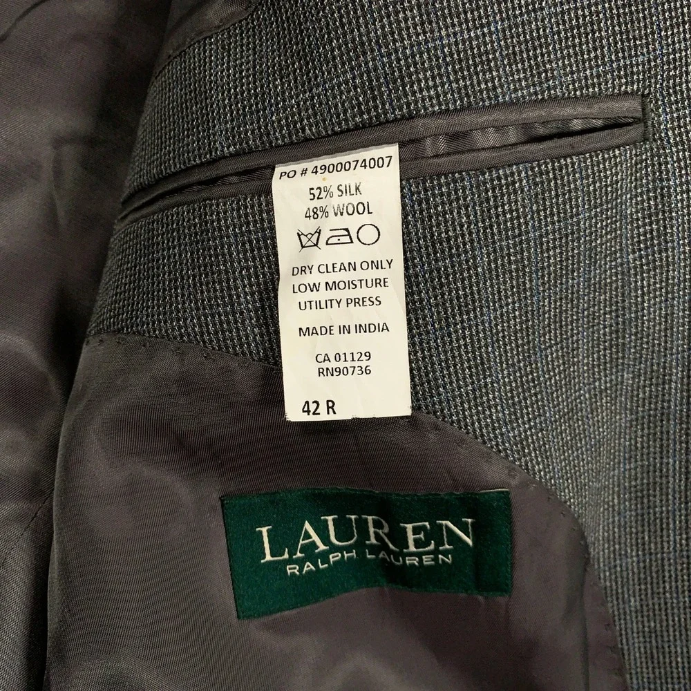 Lauren Ralph Lauren Silk Wool Blazer Jacket Mens 42R Grey Plaid Two Button Coat
